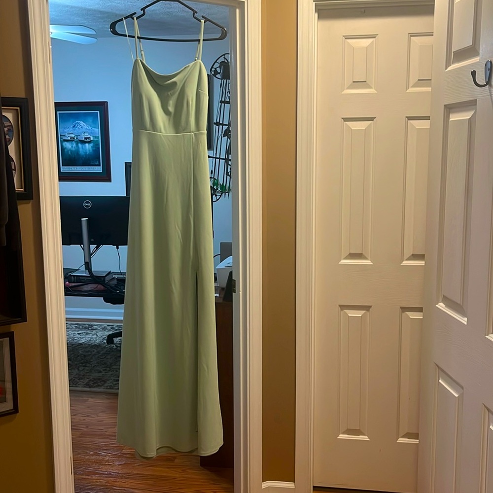 EUC Birdy Grey BENNY Crepe Sage Green Tie-Back Bridesmaid Dress Size Medium